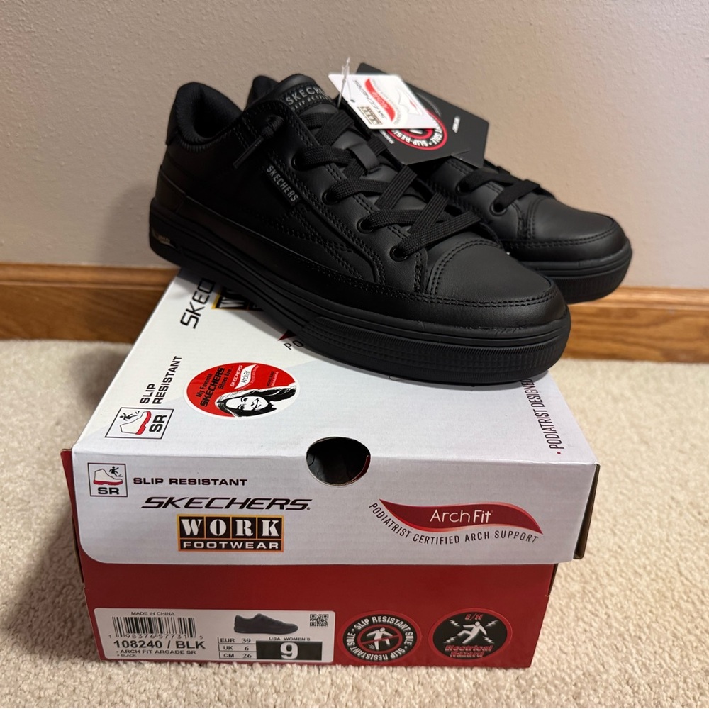 Skechers Black Slip Resistant Arch Fit Arcade Women’s Work Shoes